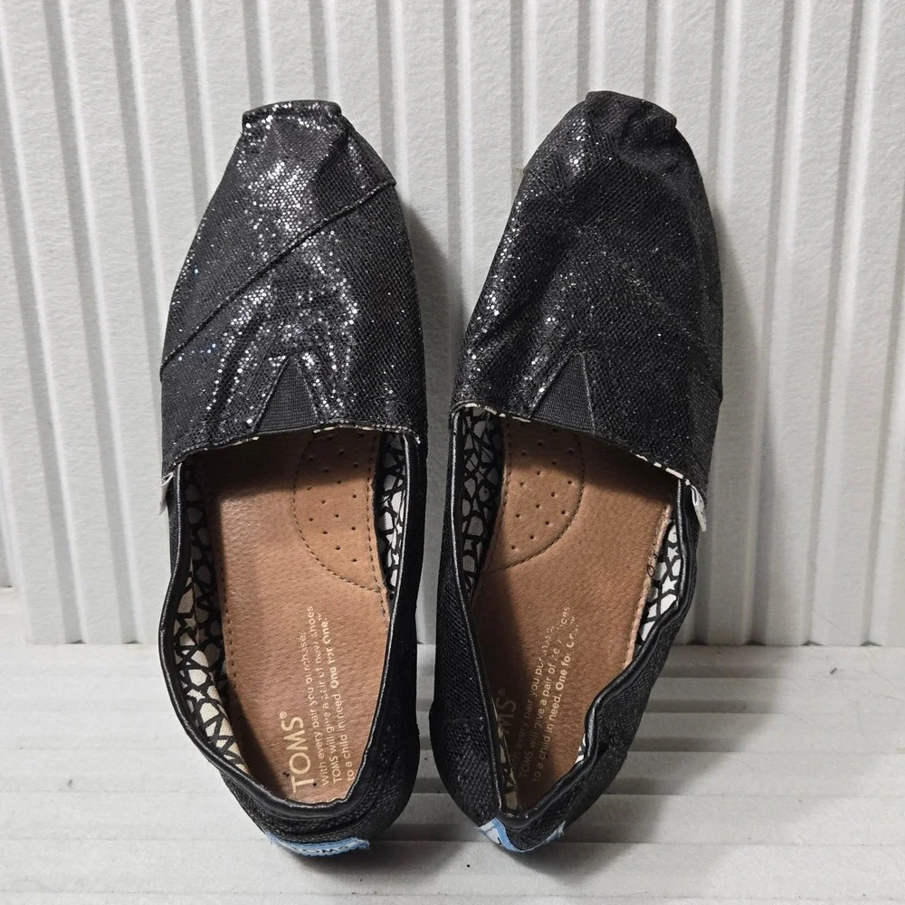 Toms Classic Alpargata Black Glitter‎ Slip On Flat Shoes Womens Size 9